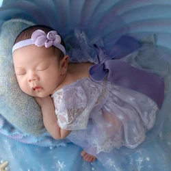 Ylsteed Newborn Violet Lace Romper with Matching Headband Newborn Girl Photography Outfits Ribbon Bow Romper