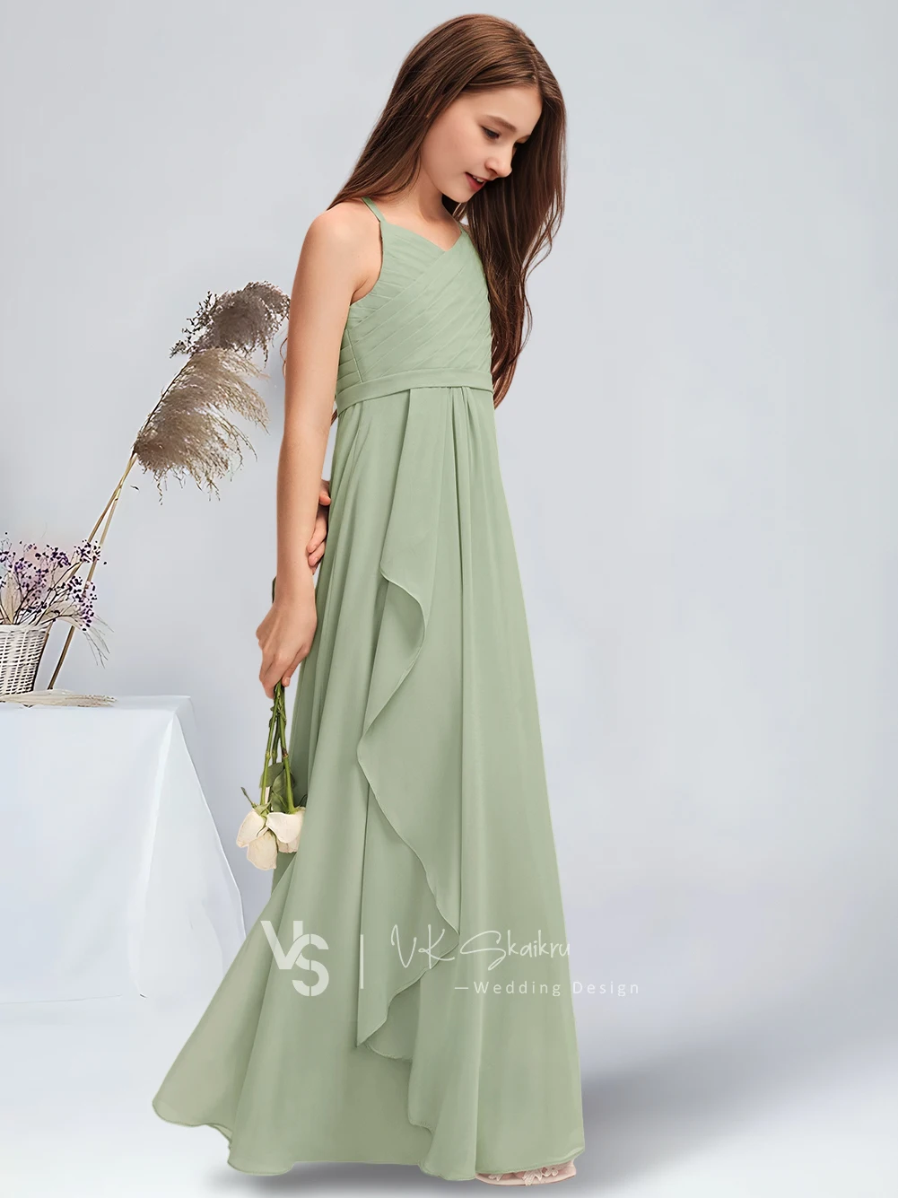 Vestido linha a com decote em v até o chão, chiffon, vestido de dama de honra júnior com babados em cascata, vestido de flor celadon para adolescentes de casamento