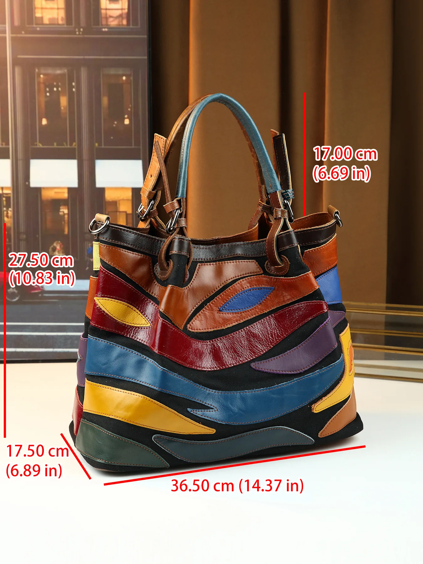 Women Vintage Multicolor Wave Patch Genuine Leather Tote Bag Vintage Hand Stitched Color Shoulder Handbag With Detachable Strap