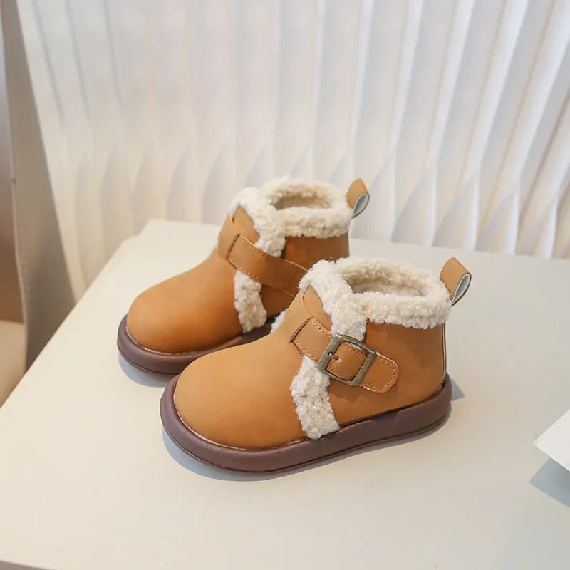 2023 Winter Children\'s Boots Fashion Warm Versatile Kids Ankle Short Boots Causal Fluffy Girls Outdoor Cotton Boots Hook Loop