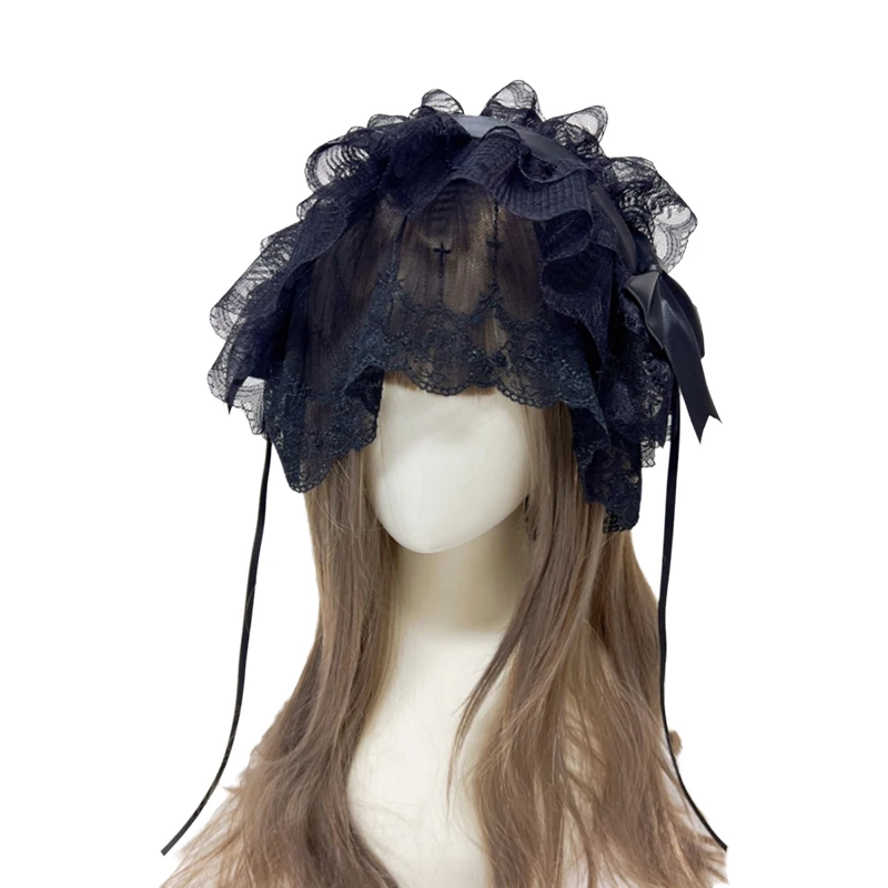 Diadema de velo gótico de Lolita hecha a mano, estilo de lazo Vintage blanco y negro para mujer, trajes elegantes de uso diario y Cosplay