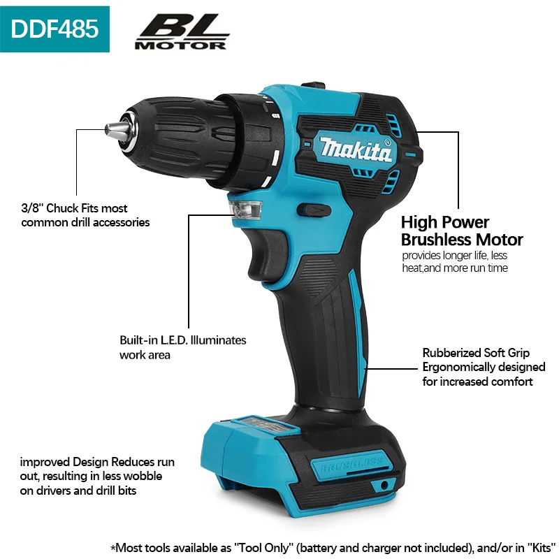 ماكيتا DDF485 10 مللي متر مفك براغي بدون فرشاة لاسلكي تأثير كهربائي قابل لإعادة الشحن أداة حفر كهربائية لبطارية 18 فولت