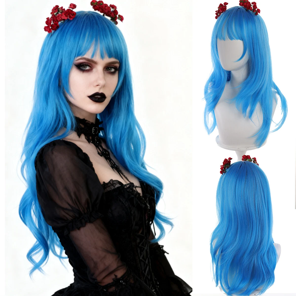 

Синтетический небесно-голубой длинный вьющийся парик для волос с воздушной челкой, женский термостойкий праздничный головной убор, парик с волнистыми волосами