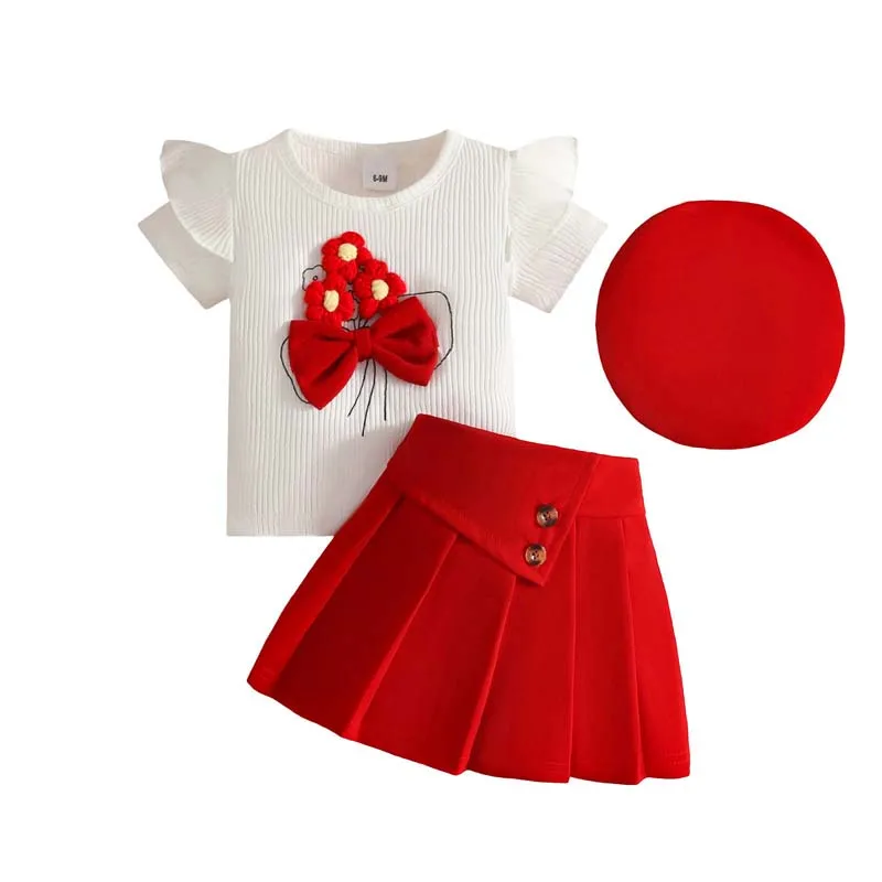 

Модный комплект из 3 предметов для девочек 1–3 лет: футболка с цветочным принтом и бантом + юбка-брюки + берет, летний набор для малышек