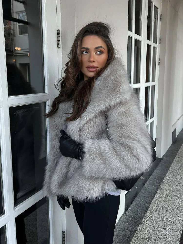 HH Winter Warm Thickened Women\'s Faux Fur Jacket Fashion V-Neck Long Sleeve Casual Short Jacket Women\'s Short Top Y2K