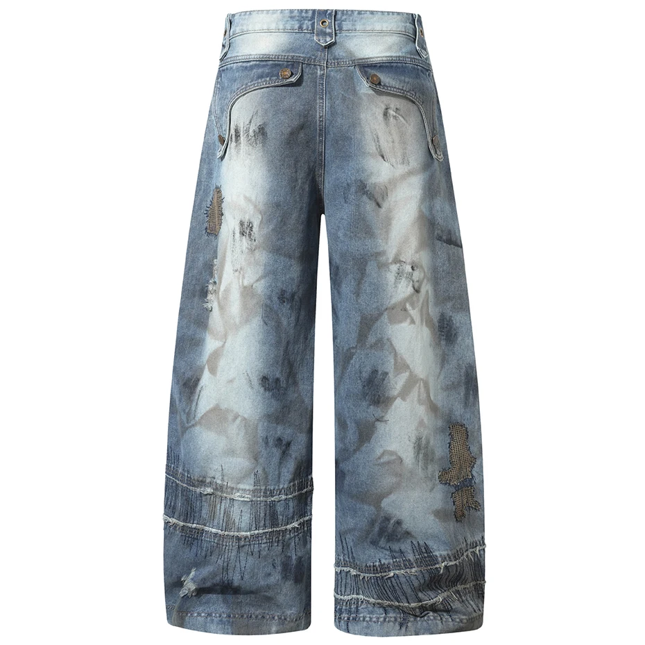 メンズファッション特大ヒップホップジーンズパンツハイストリート RO スタイルリッピングデニムパンツルーズフィット原宿 Y2K ジーンズ刺繍