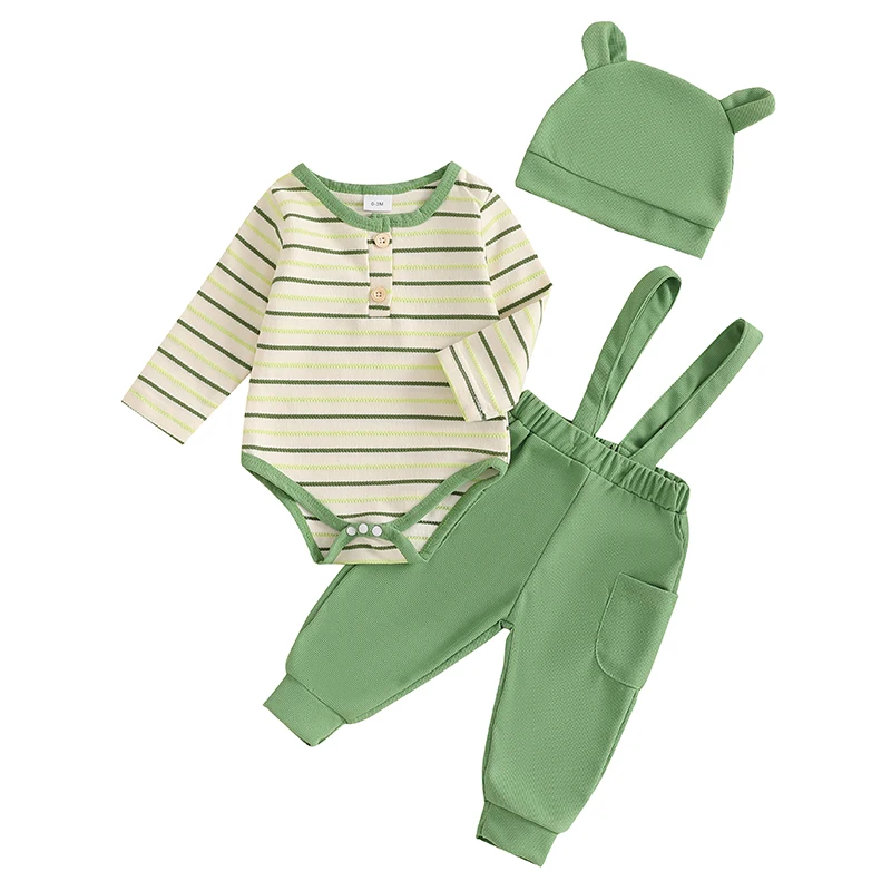 

Baby Boys Fall Outfits Stripe Buttons Long Sleeve Rompers Suspender Pants Hat 3Pcs Clothes Set