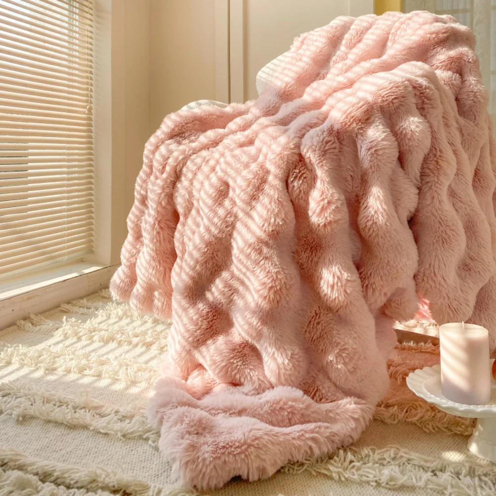 

Luxury Pink Warm Faux Rabbit Fur Blanket for Bed Ultra Soft Plush Bubble Blanket Bedroom Decor Sofa Cover Fluffy Throw Blanket