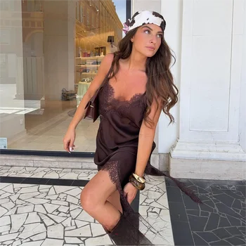 कोंडाला सेक्सी ठाठ ब्राउन फीता महिलाओं पोशाक वी गर्दन कैमी बैकलेस पार्टी ड्रेस फैशन 2025 ग्रीष्मकालीन पतन Y2K लड़की शाम क्लब ड्रेस 10 best sales पार्टी वियर - №6
