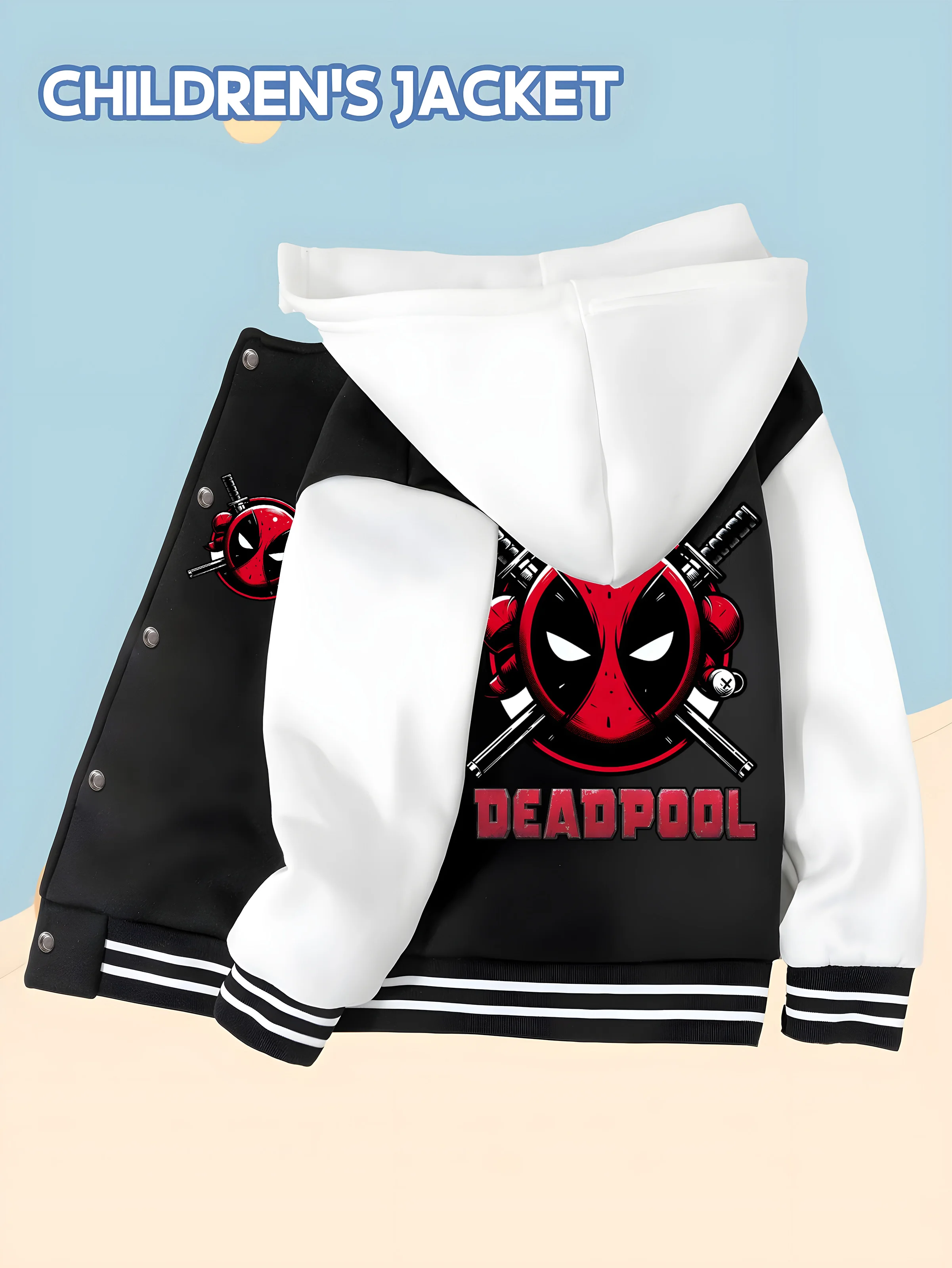 

MINISO Marvel Boys Baseball Jacket - Deadpool Cool Print, Double-sided Pattern, Comfortable Fabric, Black and White, Fashionable