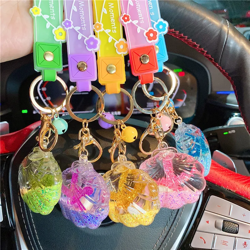Cute Glitter Quicksand Seashell Car Keychain Bling Liquid Filled Shell Key Ring Summer Ocean Style Car Key Pendant Bag Charm