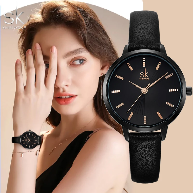 SHENGKE SK Top Luxus Frauen Uhren Schwarz Leder Strap Damen Quarz Armbanduhren Original Design Diamant Womans Uhr Dropship