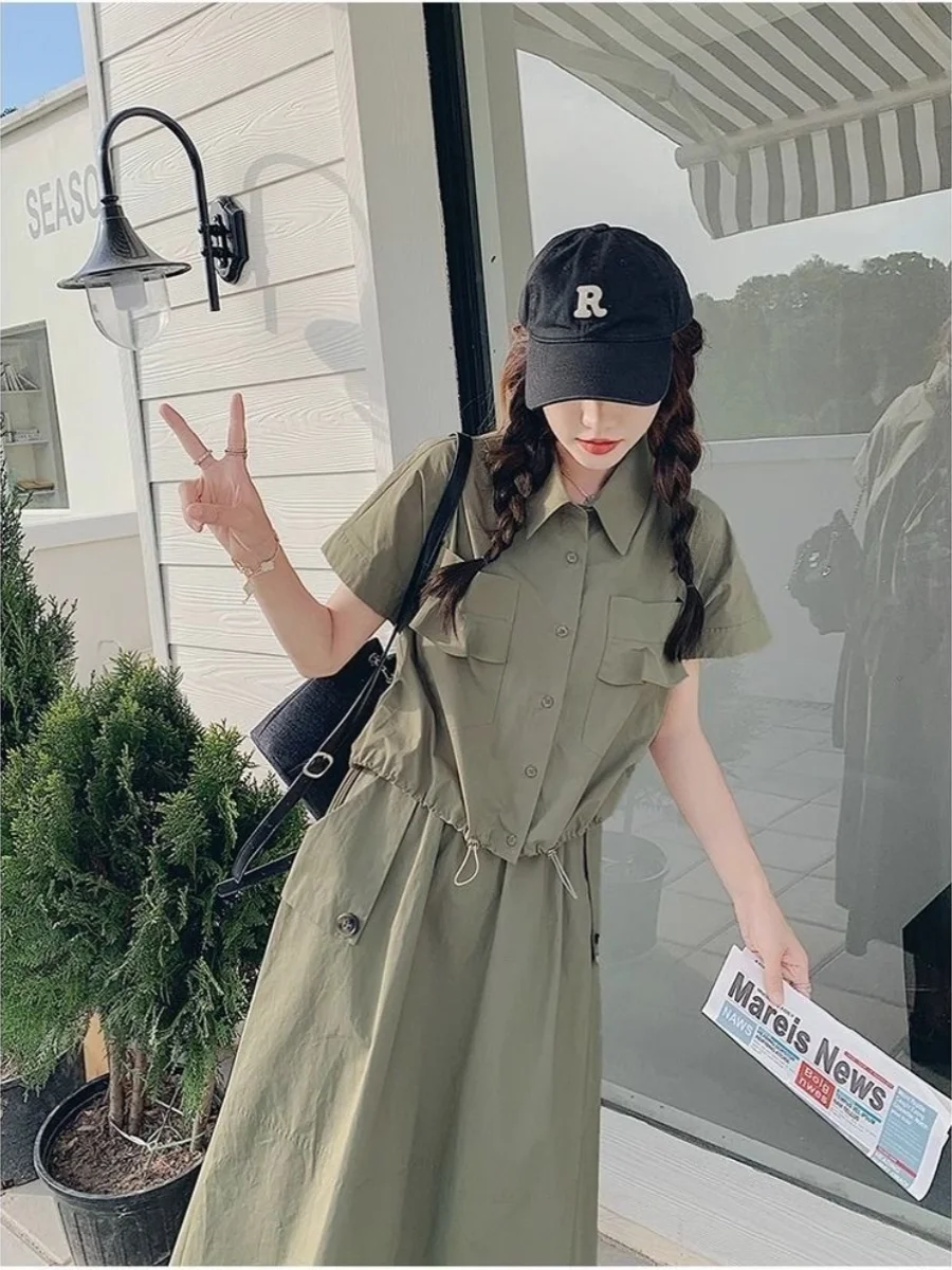 

American Sle plus Size Sweet Cool Casual Skirt Set Women Summer Loose Meat Covering Slimming Dstring Top Two Piece Set