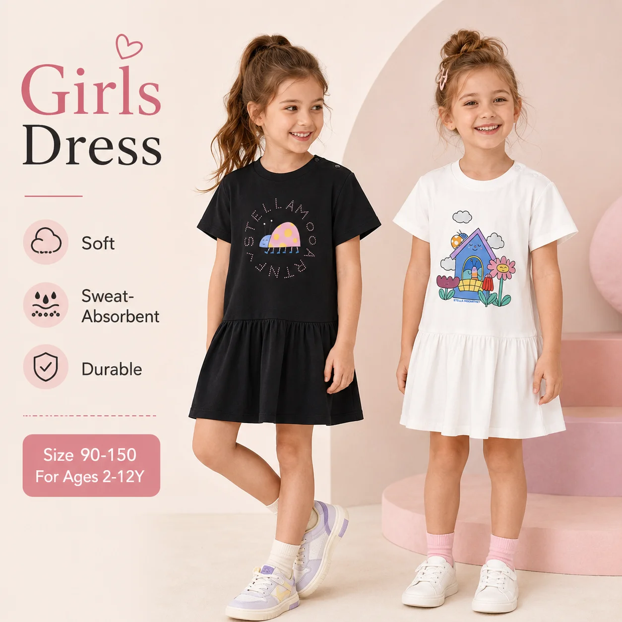 Kids Summer clothes 2026 New Baby Girls Dress %100 cotton Child short sleeve skirt Cartoon Bee Beetle little girl princess dress