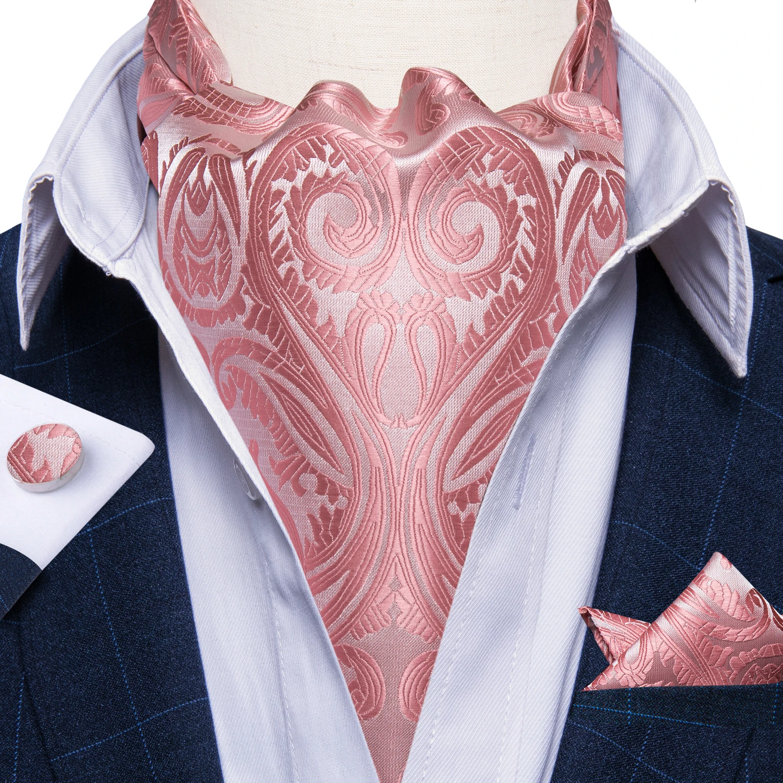 Barry.Wang Sciarpa alla moda Cravatta da uomo Ascot Corallo Marrone Viola Jacquard Cravatta floreale Set Gemelli Hankie Regalo di nozze