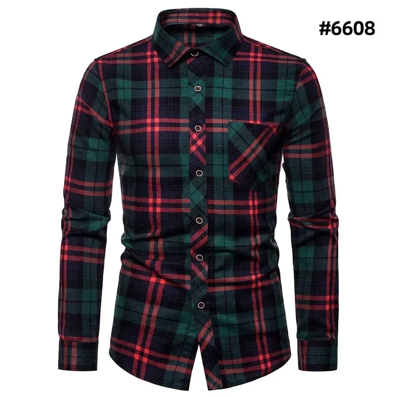 Fall Men\'s Long Sleeved Plaid Shirt Pockets Single Breasted Lapel Cotton Shirts