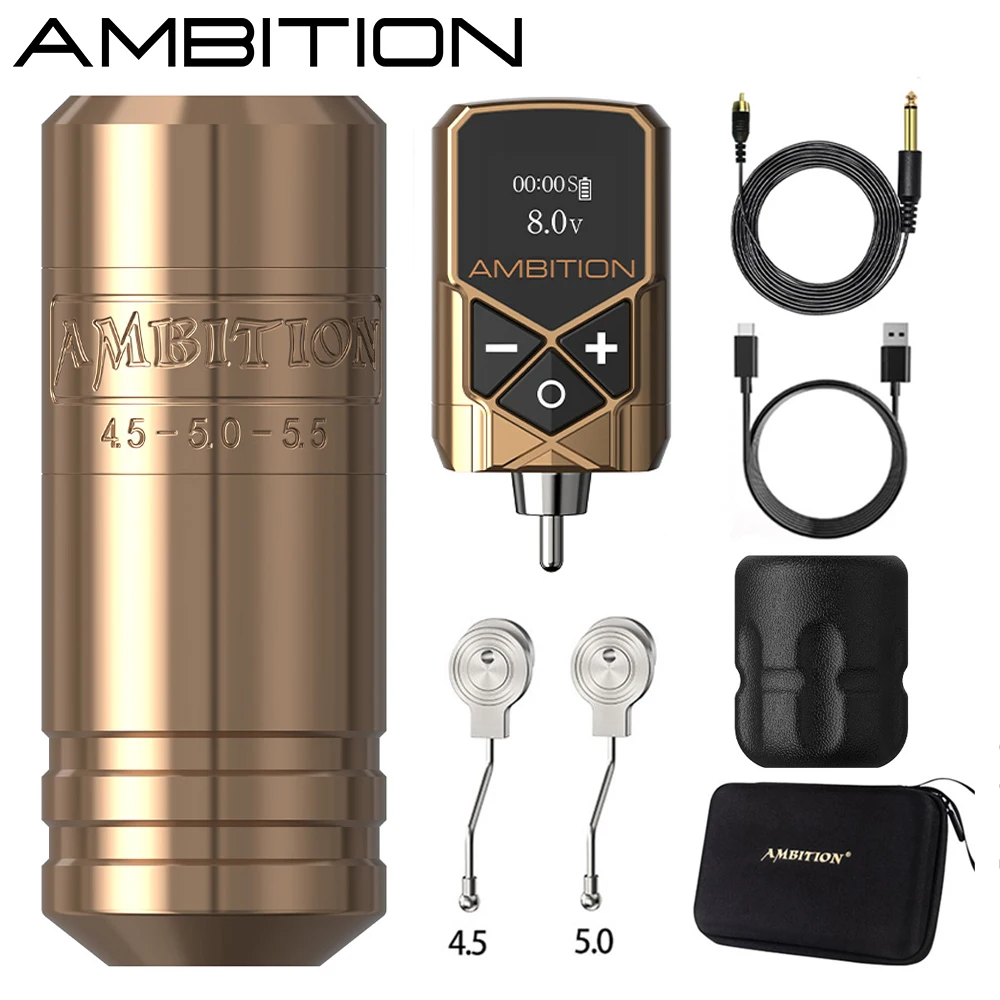 

36-тактный бесщеточный двигатель Ambition Torped, 4,5-5,0-5,5 мм, вращающаяся ручка для татуировки, мощная машина RCA, беспроводная батарея Kuark 2400 мАч