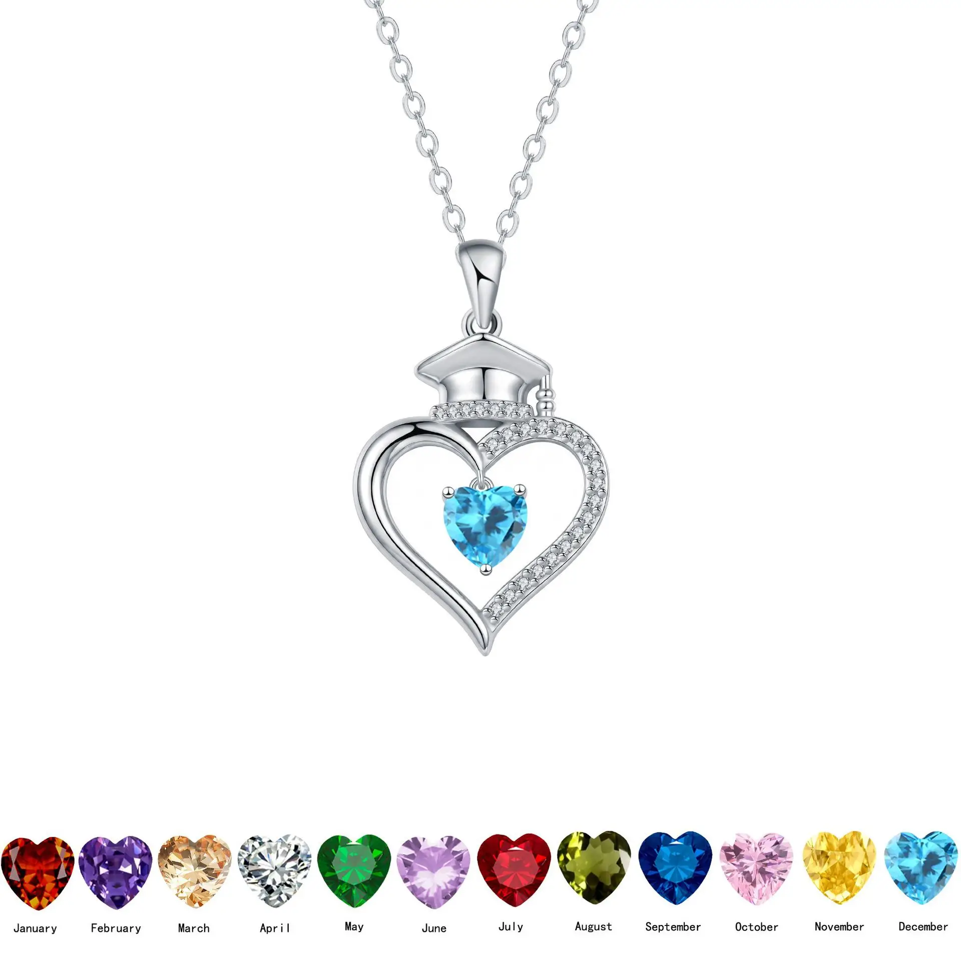 Collar con Colgante de Corazón y Birrete de Graduación en Color Plateado para Mujer, con Circonitas Rojas, Regalo de Graduación, Joyería de Moda 2026