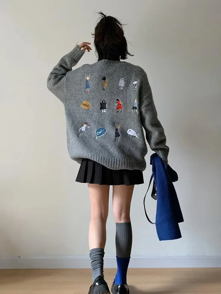 Hikigawa American Design Sweaters Cartoon Embroidery Soft Pullovers Women Autumn Winter Loose Lazy Age Reduction Knitting Top