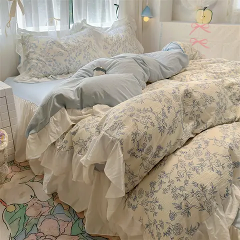 한국 스타일 침구 세트, 베갯잇 침대 시트 포함, 싱글 풀 사이즈 침대 린넨 이불 커버 세트, 퀸, 킹 더블 이불 커버