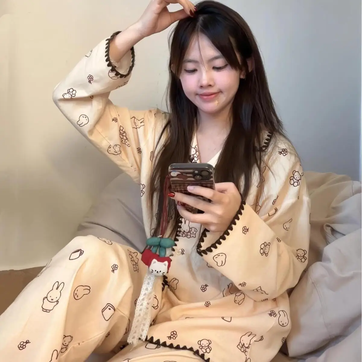 Miffy Kawaii Cartoon Primavera e Autunno Pigiama per la casa Simpatico coniglio Anime Pigiama a maniche lunghe e pantaloni lunghi Pigiama per ragazza dolce