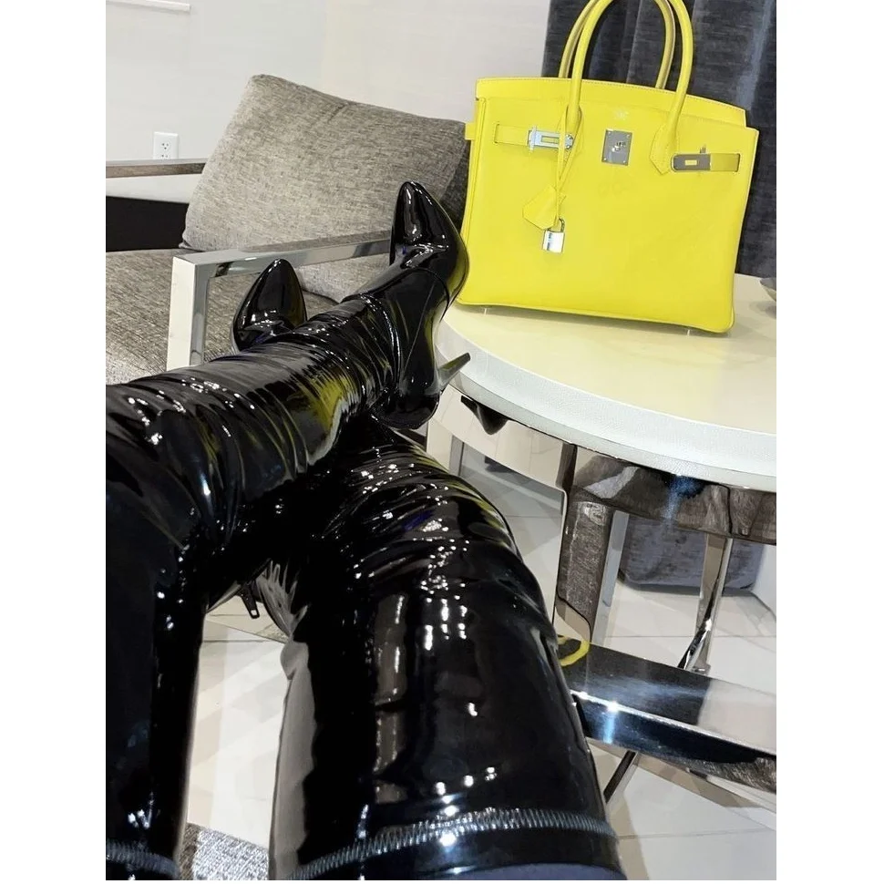 Stivali con cerniera in pelle verniciata nera Tacco alto sottile Sexy alla moda Cool Winter Casual Scarpe da donna di grandi dimensioni Zapatillas Mujer