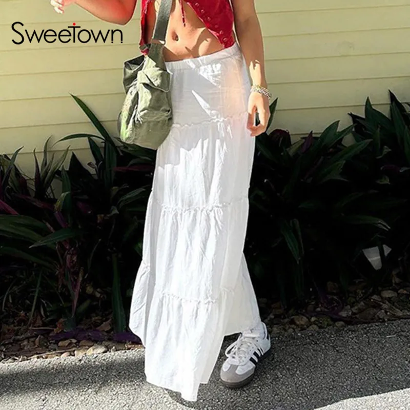 Sweetown White Solid Patchwork Stitch Fairycore Y2K Long Skirts Womens Low Waist Summer Holiday Boho Skirt