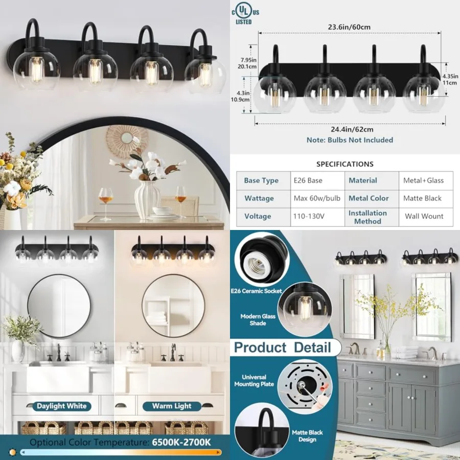 

Industrial Bathroom Vanity Light Bathroom Lights Over Mirror with Clear Glass Globe Shade and Metal Base, Matte Bathroom Vanity