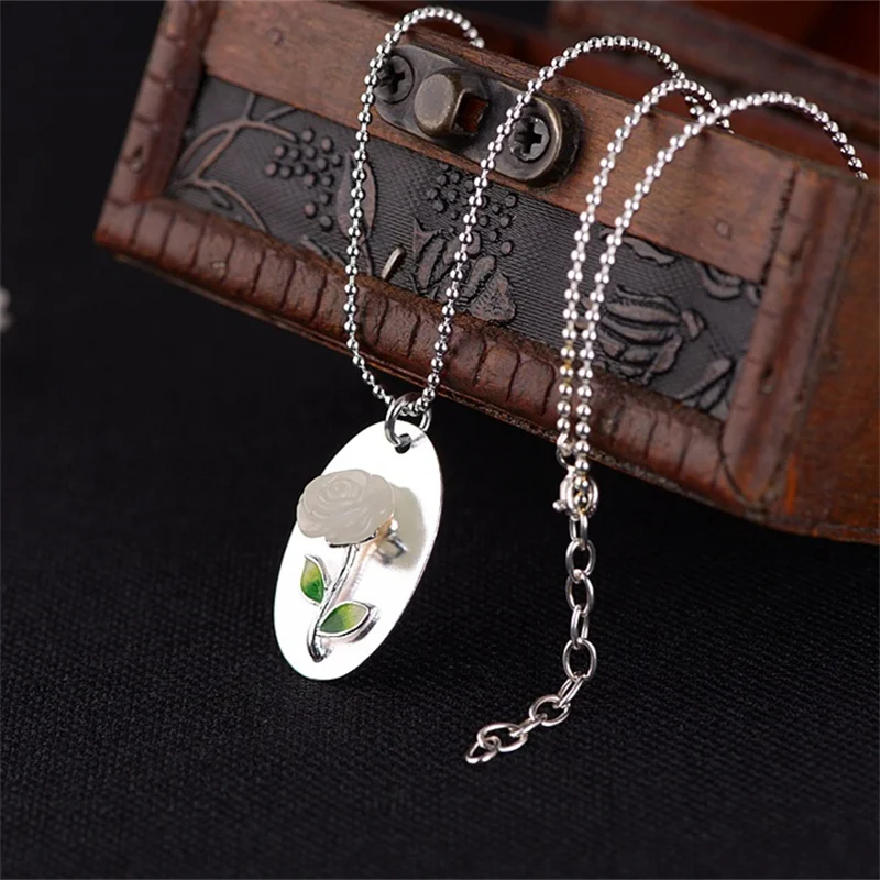 

Glossy Oval 925 Sterling Silvr Medal Chokers Necklaces Women Enamel Leaf Hotan White Jade Rose Flower Pendants Necklaces + Chain