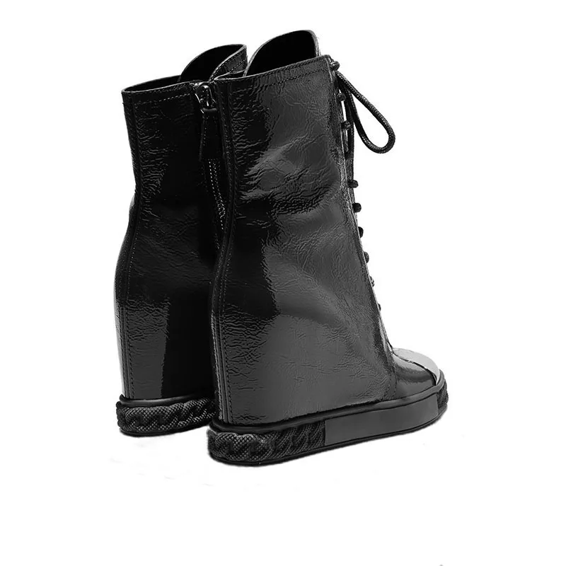 New Rubber Platform Sole Inner Height Increased Ankle Boots Patent Leather Round Metal Toe Zipper Roman Boots High Top Sneaker