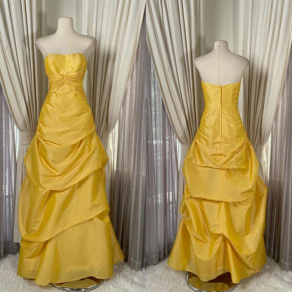 Customized Delicate yellow Satin Evening Dress Temperament Strapless Sleeveless Cocktail Dress High Quality Celebrity Gowns