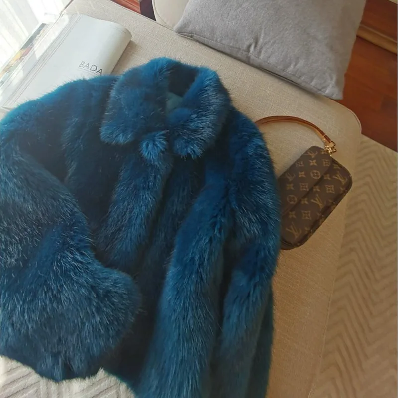 Winter Vintage Cabry Blue Hairy Shaggy Faux Pelzmantel The Spice Girls Volle Hülse Revers Pelzige Warme Jacke Frauen Kurze Outercoat