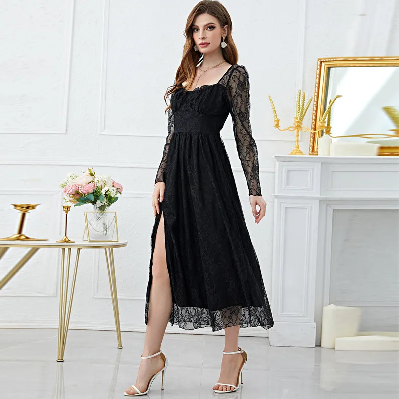 LQ-220902 Women's Fashion 2023 Spring/Summer New Collection Lace Square Neck High slit Dress