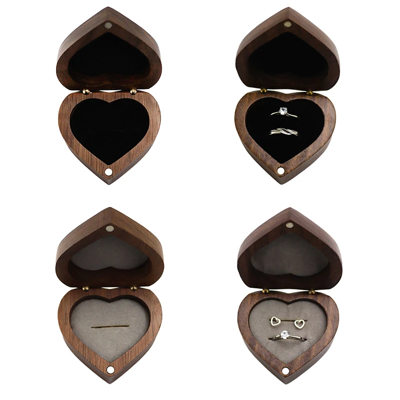 

Wedding Love Ring Box Walnut Pair Ring Storage Packaging Gift Heart Shaped Wooden Earring Studs Earrings Jewellery Box Female