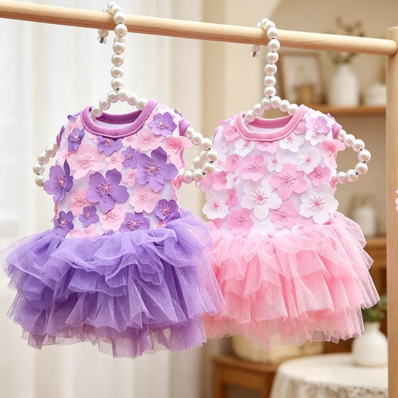 Ropa para perros y gatos: vestido de tul con encaje y estampado floral - imagen 3