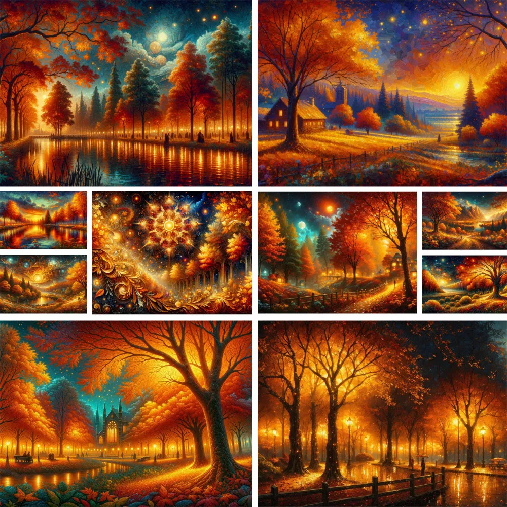 Landscape Autumn Night Printed Cross-Stitch Patterns DIY Embroidery Hobby Handicraft Knitting Handiwork Floss Needle For Adults