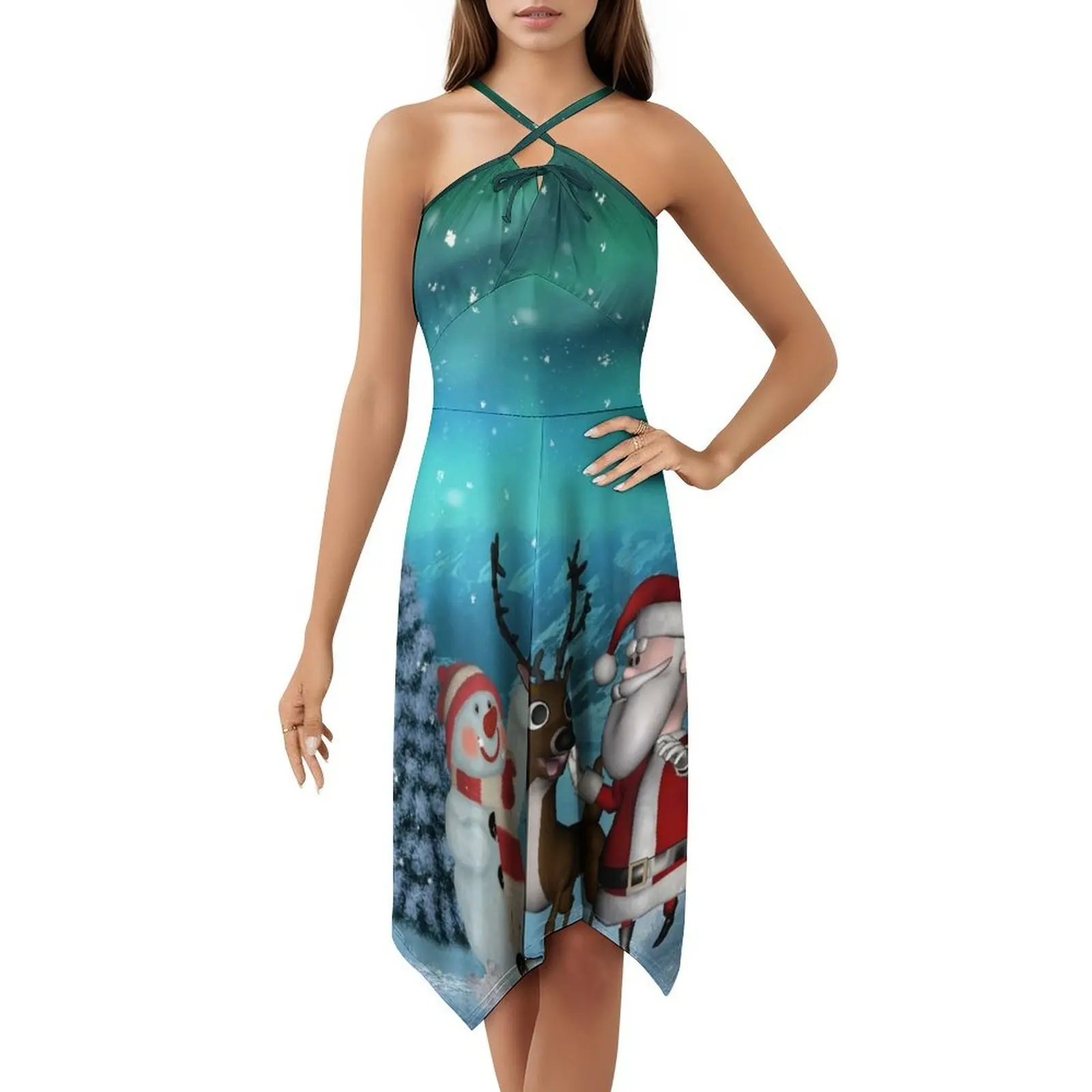 فستان سانتا كلوز اللطيف مع حيوان الرنة ورجل الثلج على شكل قلب فستان أنيق للحفلات الصيفية للنساء رجل ثلج عيد الميلاد #5