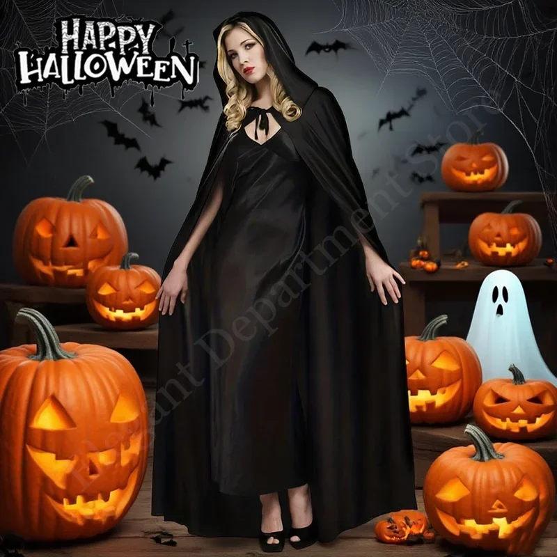 

﻿ Костюм ведьмы на Хэллоуин, унисекс, черная накидка с капюшоном, мягкий плащ для маскарада, вечеринки, косплея, карнавальное украшение