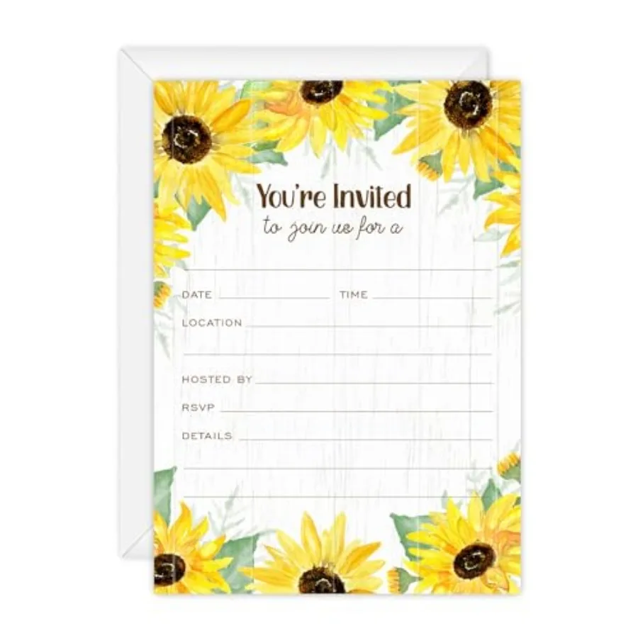 

Fill In Invitations/ 25 Single Sided Invites With White Envelopes/ 5" x 7" Flat Rustic Floral Invite/Made In The USA