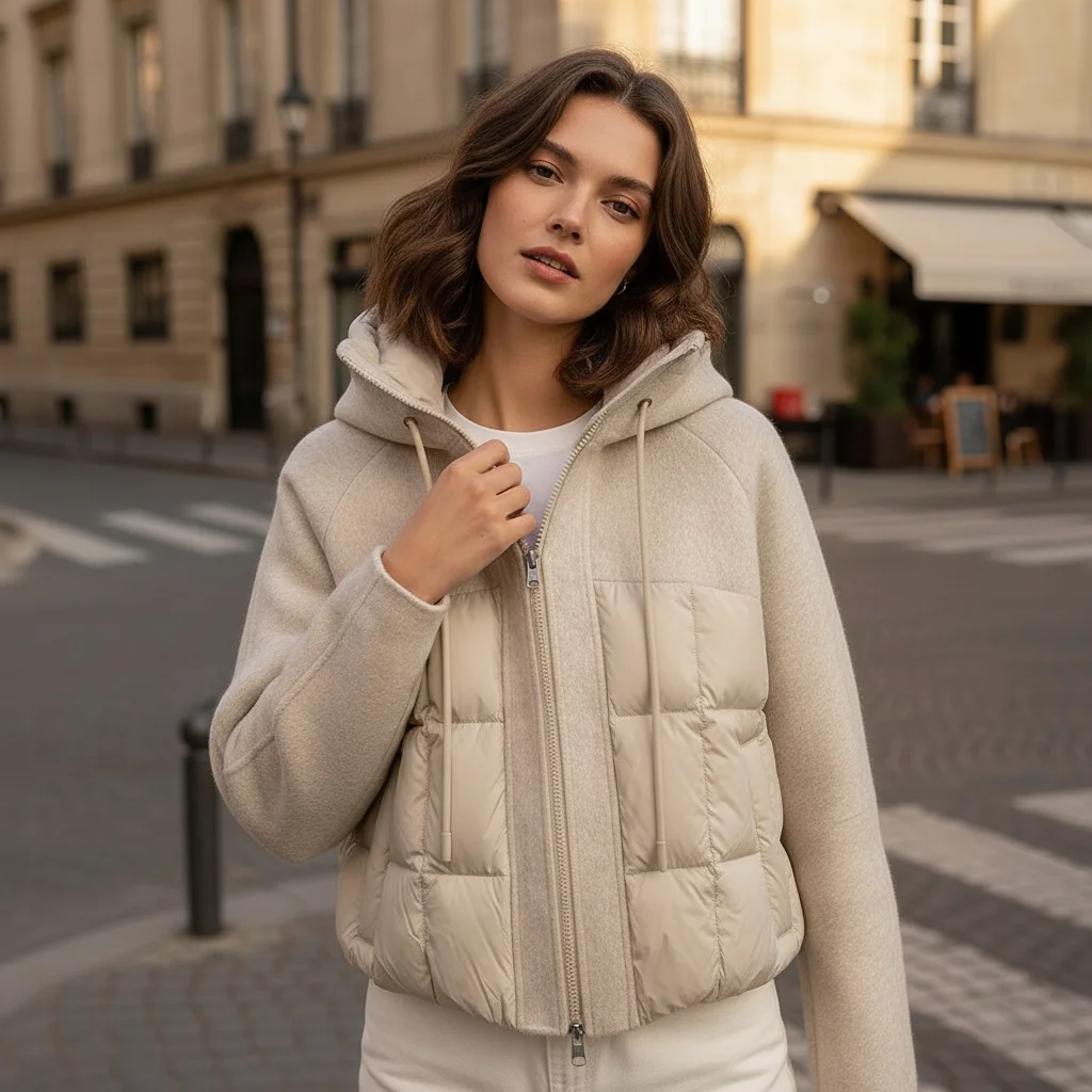 

Splicing Hooded Drawstring Cotton Jacket for Women Winter New Style Warm Short Clip On Zipper Style Design Solid Cotton Coat