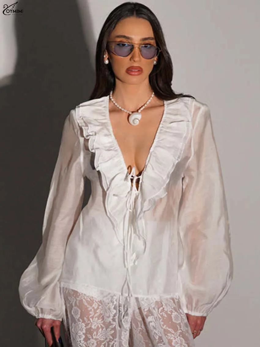 

Oymimi Summer White V-Neck Woman Blouses Elegant Ruffled Long Sleeve Lace-Up Blouses Casual New Translucent Blouse Streetwear