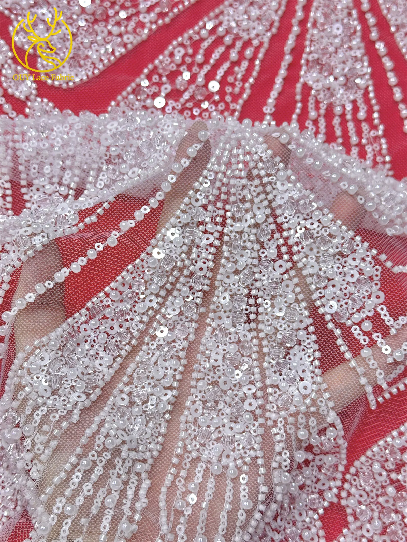 2026 Neuer Afrikanischer Schwer Perlenverzierter Spitzenstoff Hochwertiger Französischer Tüll Pailletten-Spitzenstoff Premium Maßgefertigtes Damen-Abendkleid – Detail 11