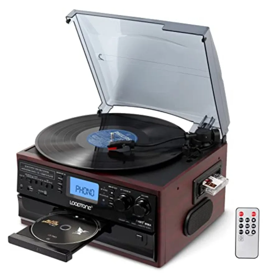 

10 in 1 Bluetooth Turntable with 3 Speed Vinyl Player CD Cassette AM/FM Radio Built-in Speakers USB SD Recorder Aux-in RCA Line