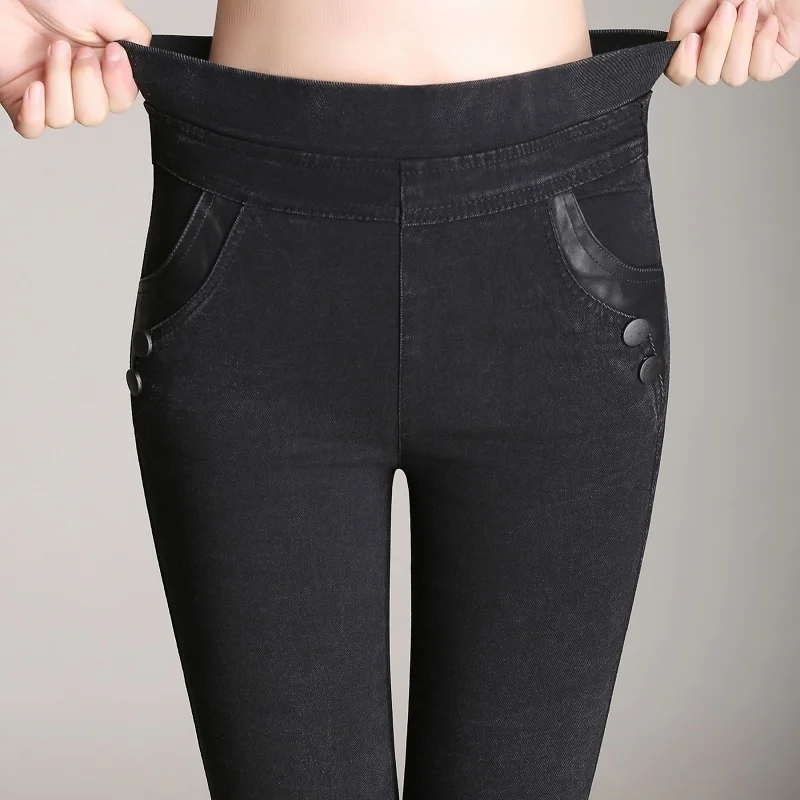 

New Skinny High Waist Stretch Women Black Pencil Pants Faux Denim High Waist Plus Size S-5XL Jeans