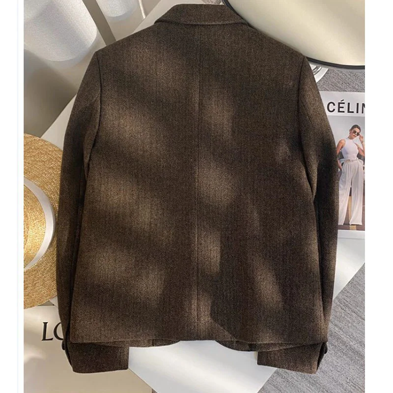 Brown Woolen Suit Jacket Woman Autumn 2024 High-Quality New Long Sleeve Casual All-match Temperament Blazer Coat Female Outwear