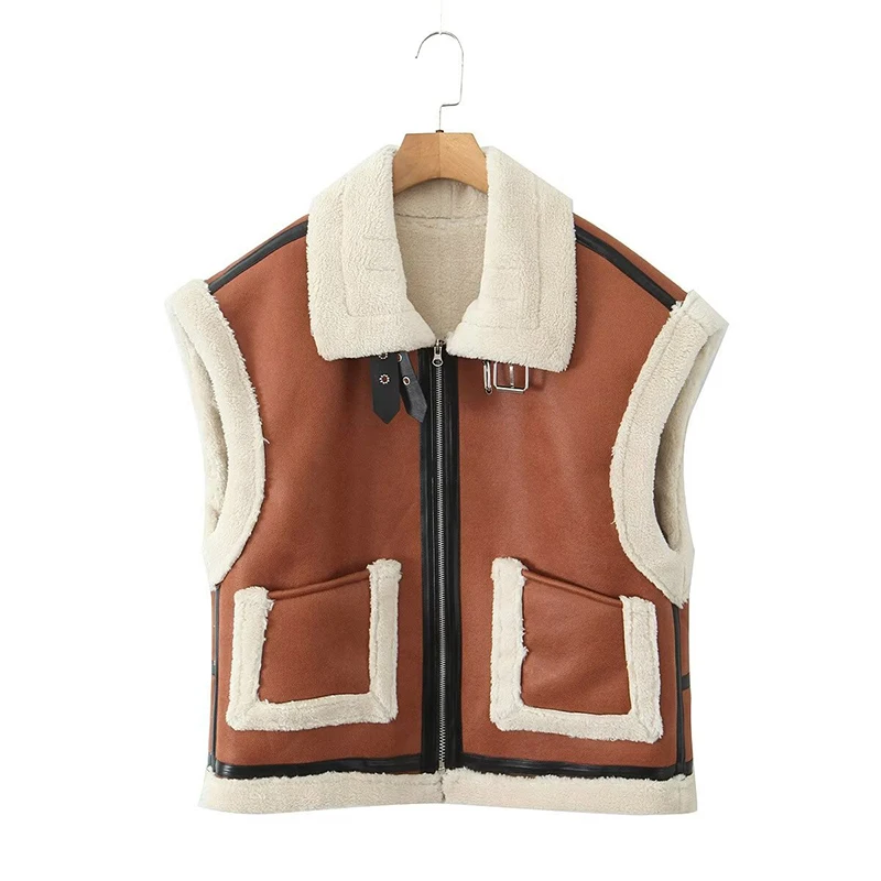 

Autumn Winter New Collar Fur Integrated Vest Sheepskin Velvet Warm Vintage Thicken Lamb Fur Pocket Zipper Waistcoat Women