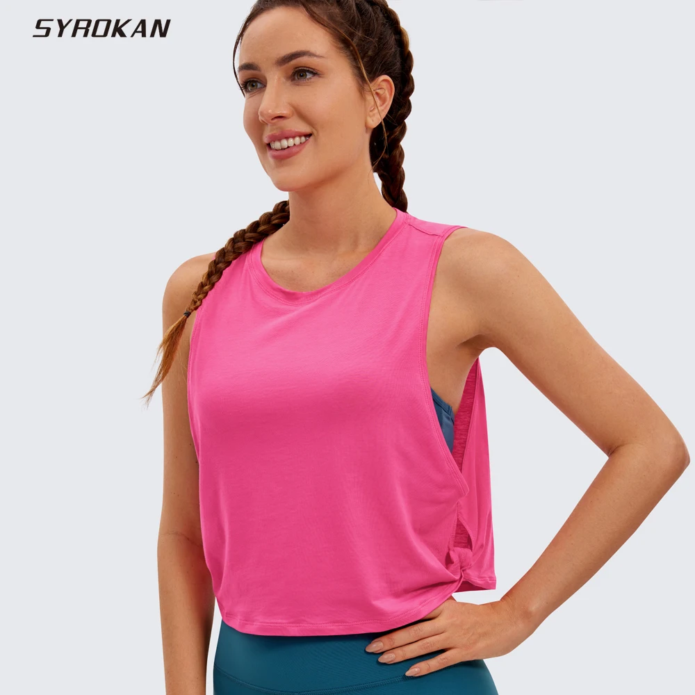 SYROKAN Pima Cotton Cropped Tank Tops for Women - Sleeveless Sports Shirts Athletic Yoga Running Gym Workout Crop Tops