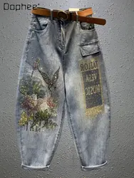 Baggy Jeans Women Printed Rhinestones Jeans Mujer 2023 Spring New Loose Casual Cropped Pants Ankle-Tied Harem Pants Female