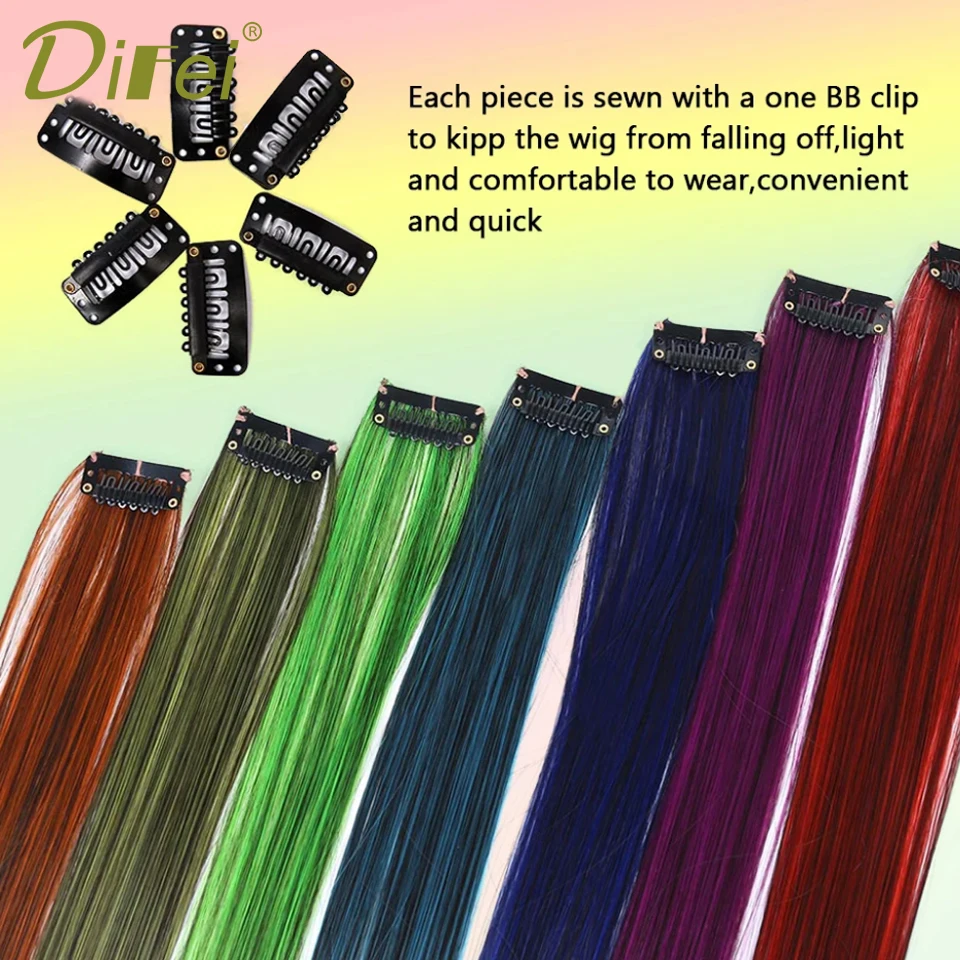 DIFEI Synthetic Clip In Hair highlights Extensions Heat Resistant Ombre Straight Hairpieces Colorful Hair For Girls Rainbow Hair