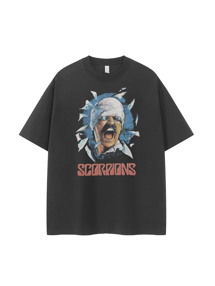 Retro American Street Style Scorpions Band Vintage Loose Fit Cotton round Neck Short Sleeve T-Shirt Breathable Casual Top